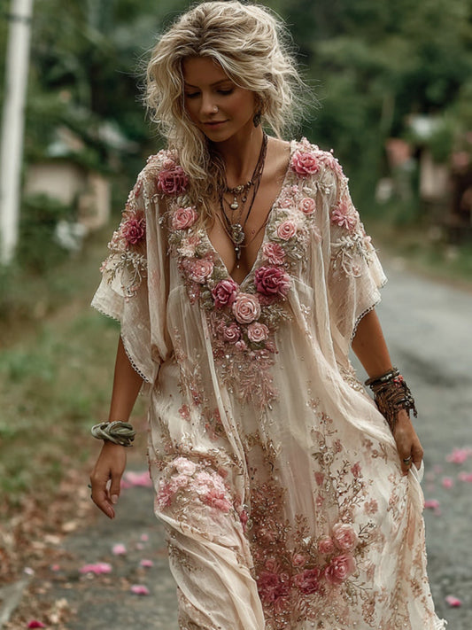Vintage Floral Embroidery Short-Sleeved Dress