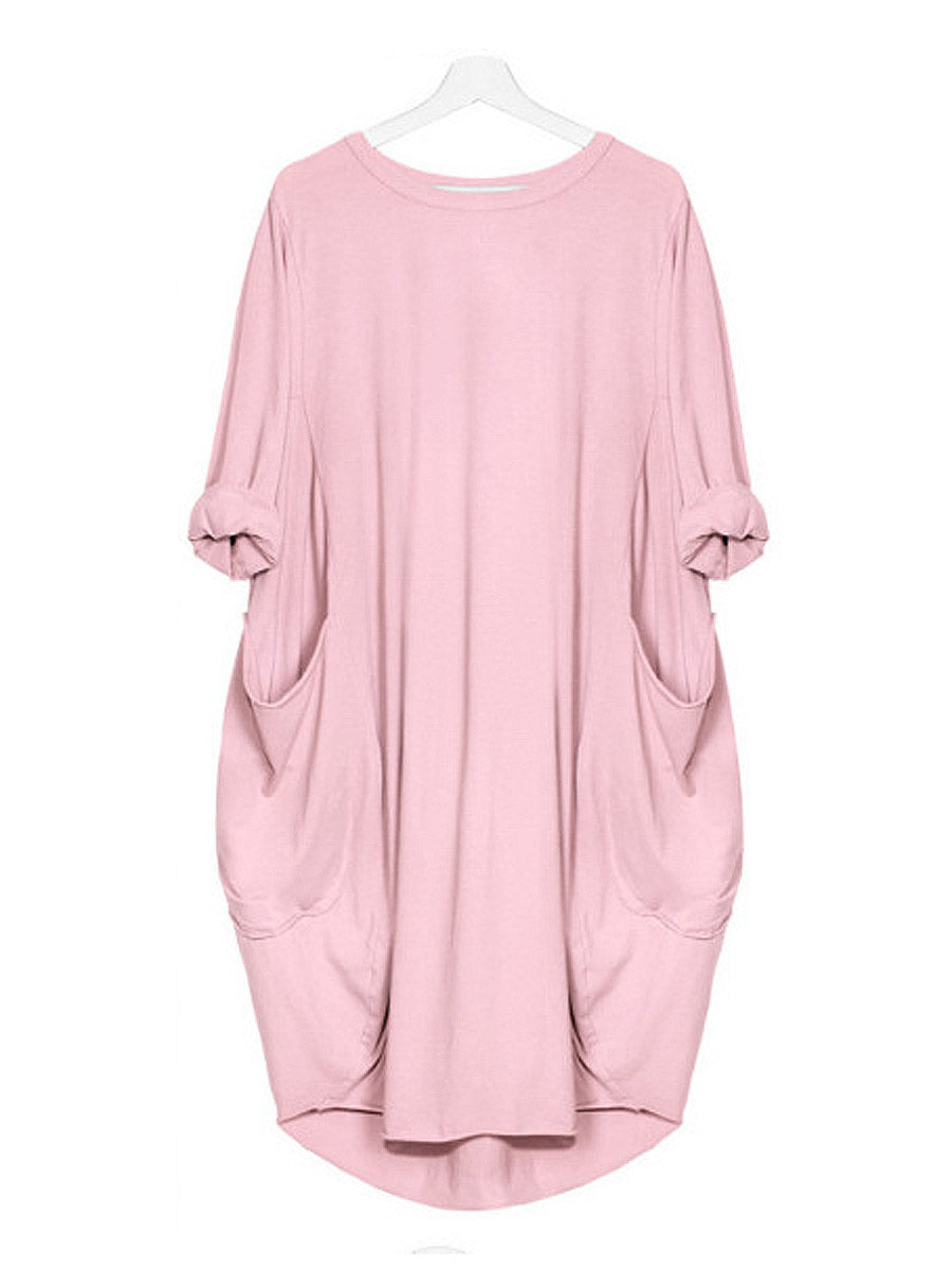 Solid Color Loose Elegant Casual Long-Sleeved Pocket Dress