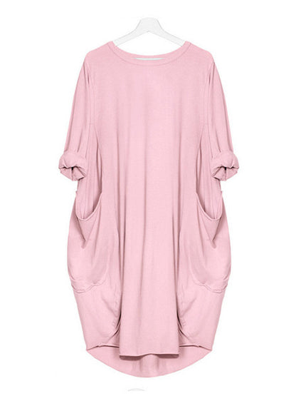 Solid Color Loose Elegant Casual Long-Sleeved Pocket Dress