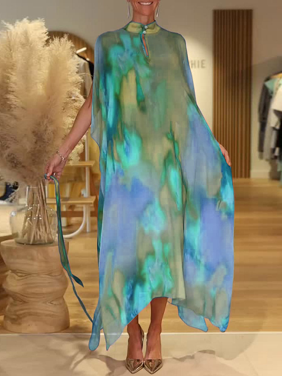 Colorful Tie-Dye Stand Collar Sleeveless Casual Loose Chiffon Dress