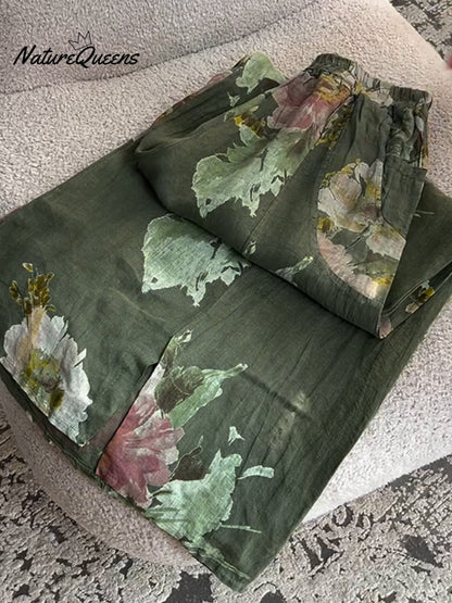 Vintage Floral Print Casual Cotton and Linen Pants