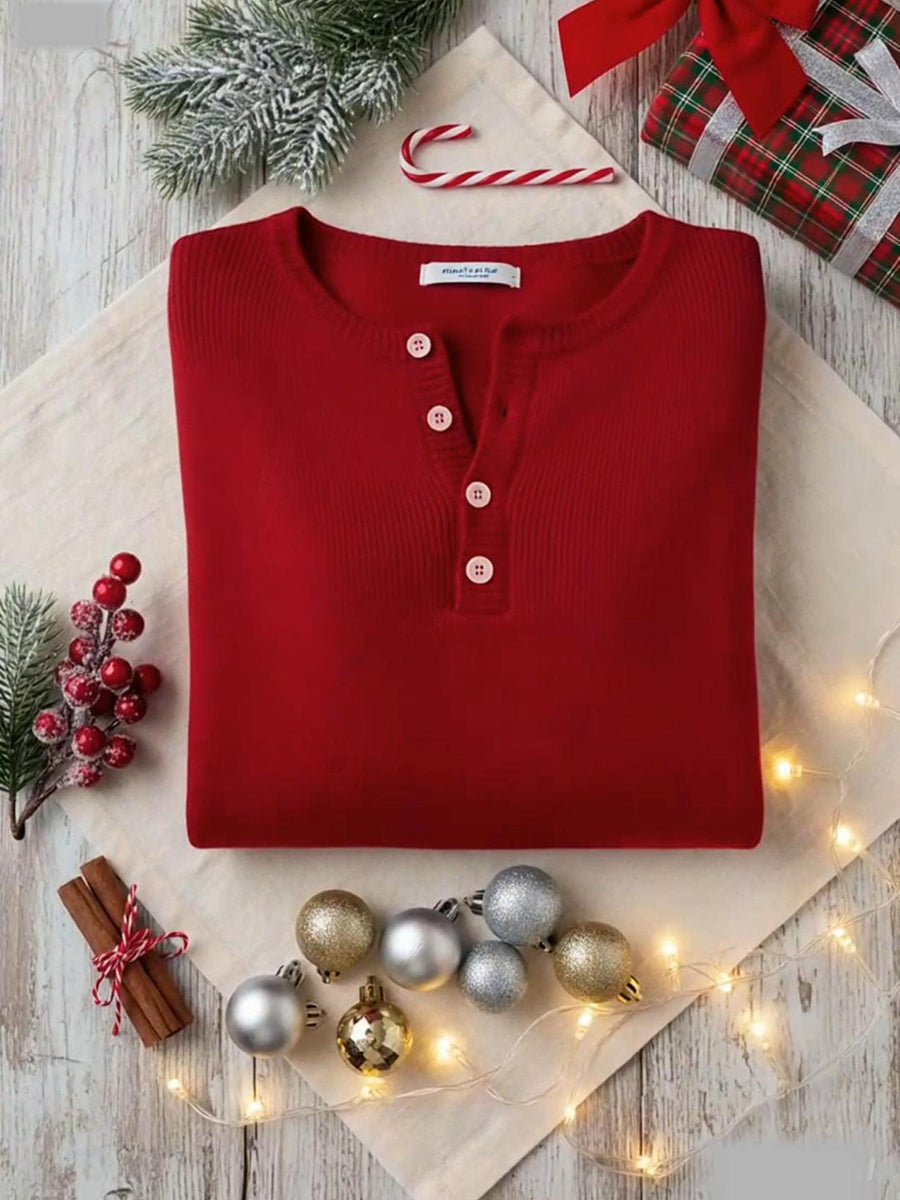 Soft Solid Color Henley Collar Sweater Top