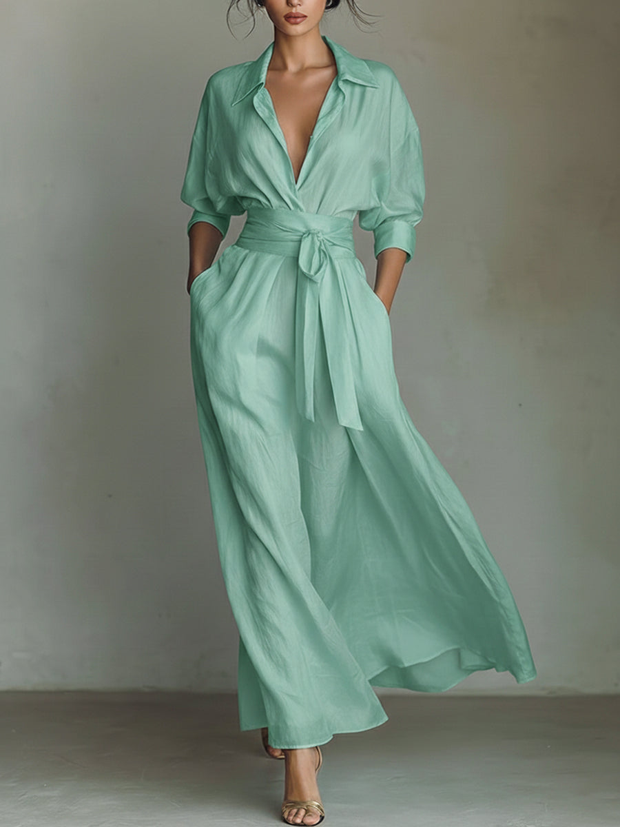 Waist-Cinching Shirt-Style Maxi Linen and Cotton Dress