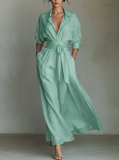 Waist-Cinching Shirt-Style Maxi Linen and Cotton Dress