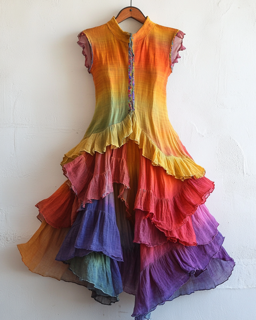 Summer Rainbow Gradient Linen Ruffle Dress A91f
