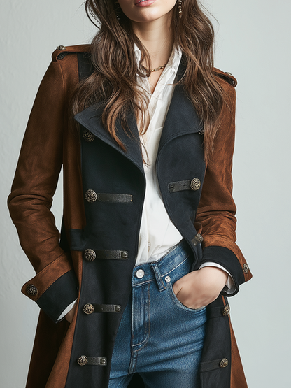 Retro Contrast Color Military Style Eco-Friendly Suede Coat