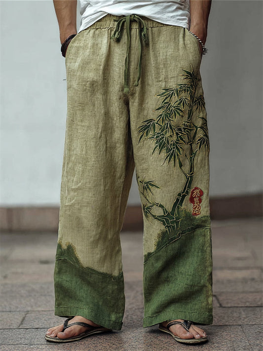 Men's Japanese Bamboo Embroidered Contrast Wide-Leg Linen Pants