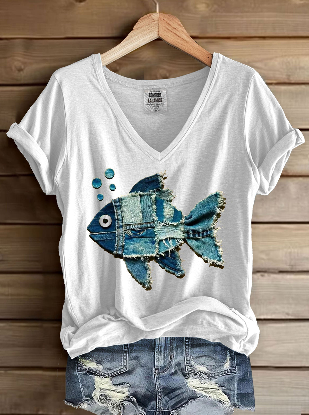 Fish Denim Patchwork Art Print V-Neck Casual T-Shirt