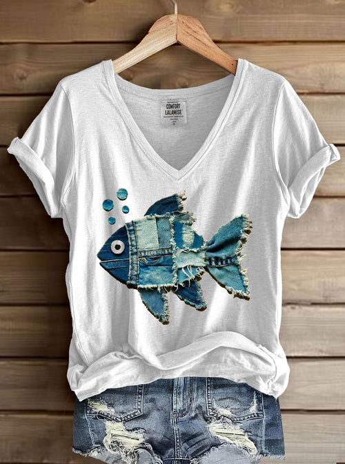 Fish Denim Patchwork Art Print V-Neck Casual T-Shirt