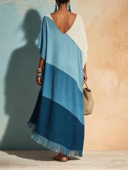 Colorblock Fringe Caftan Maxi Dress