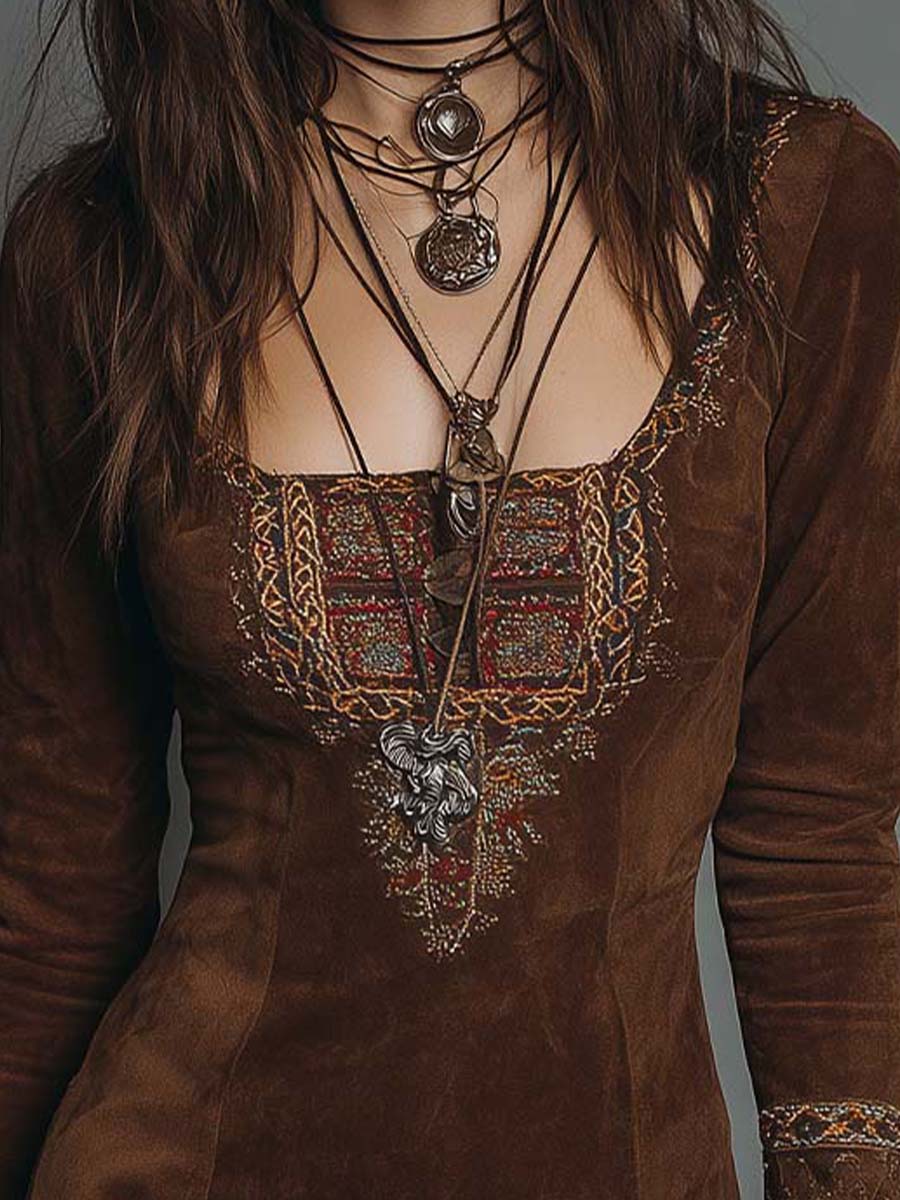 Vintage Brown Suede Mini Dress with Embroidered Detailing
