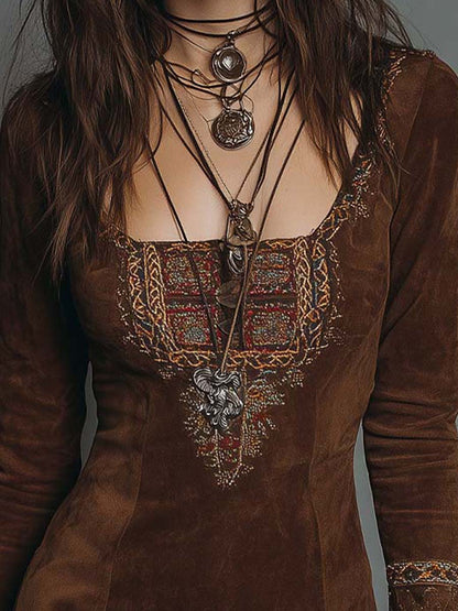 Vintage Brown Suede Mini Dress with Embroidered Detailing