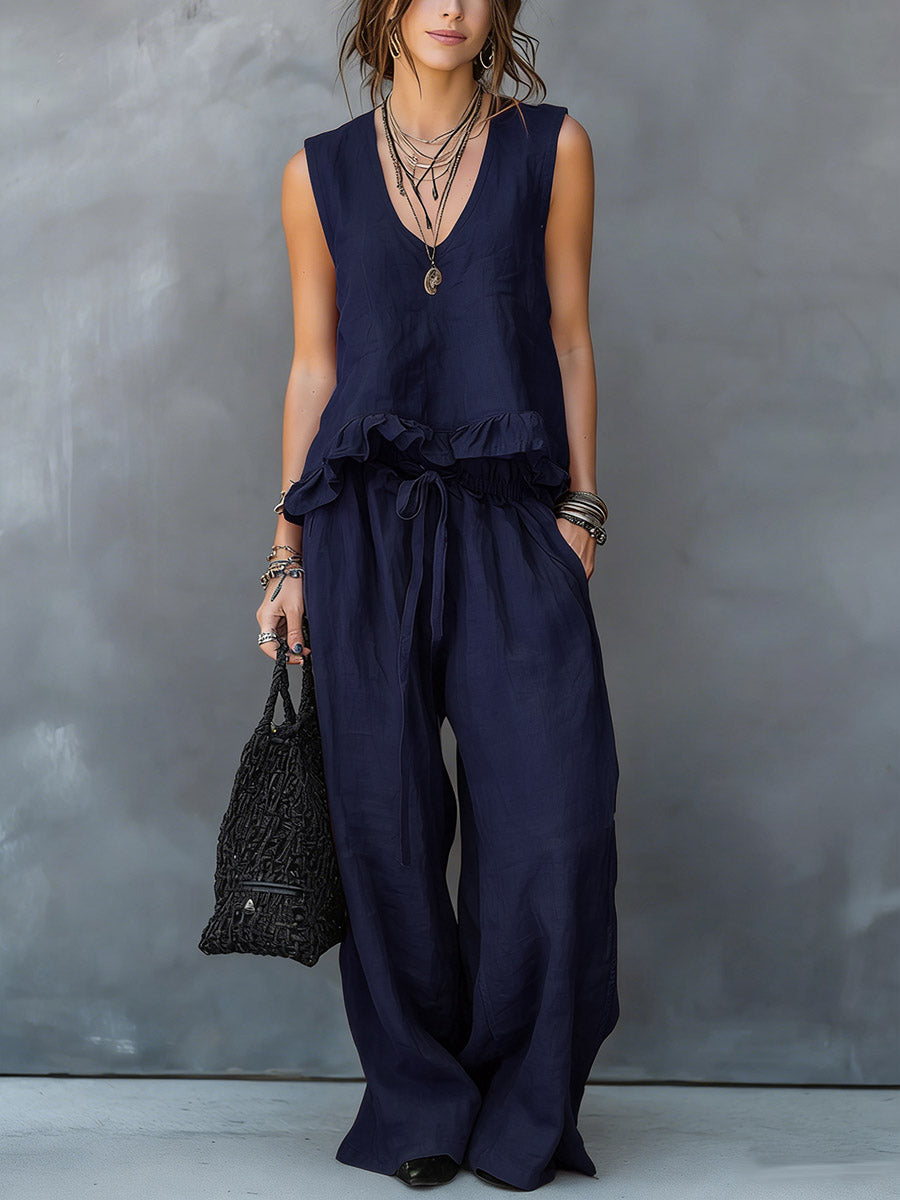 V-Neck Sleeveless Casual Loose Cotton Top with Elastic Waist and Wide-Leg Pants Cotton Linen Set