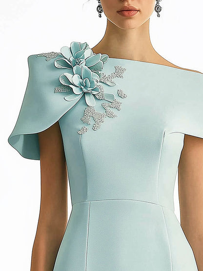 Elegant Pale Blue Green Dress with 3D Floral Shoulder Detail