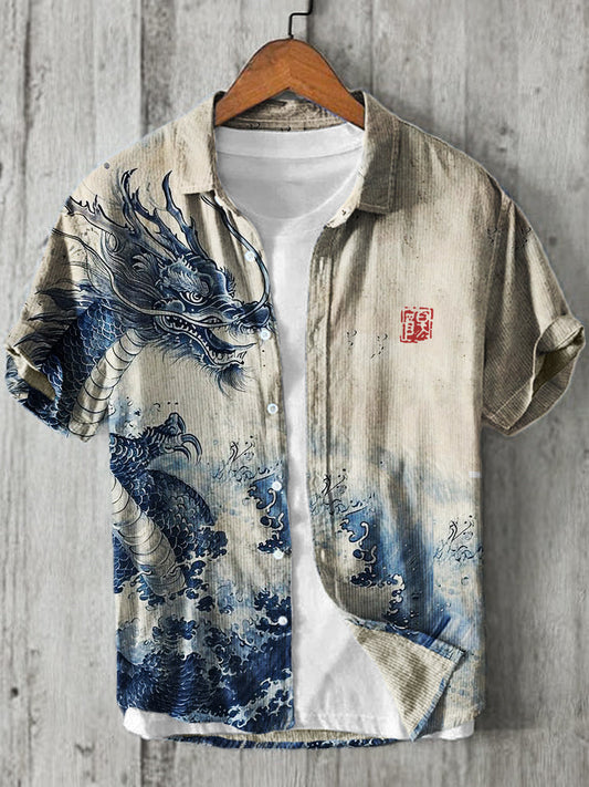 Ancient Dragon and Sea Waves Japanese Art Linen Shirt