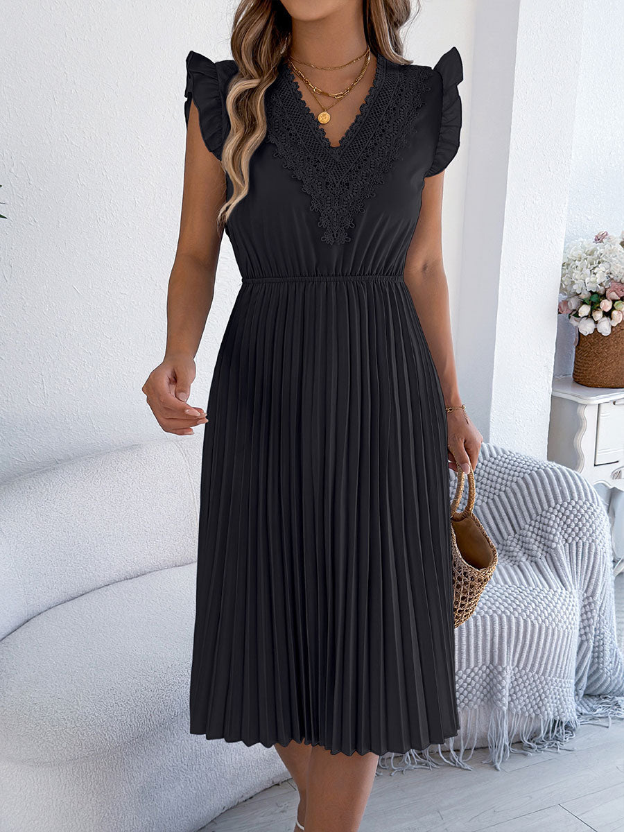 Casual Lace V-Neck Ruffled Pleated Dress