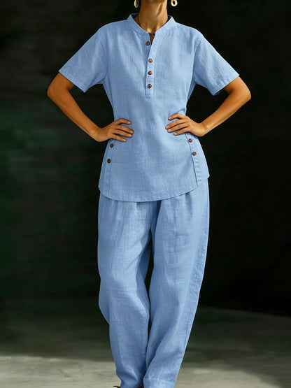 Cozy Casual Button Shirt and Wide-Leg Pants Linen Two-Piece Set
