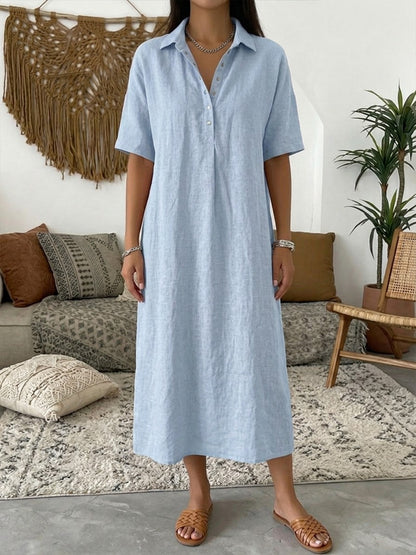 Cotton Linen Polo Dress with Casual Short-Sleeve Summer Dress