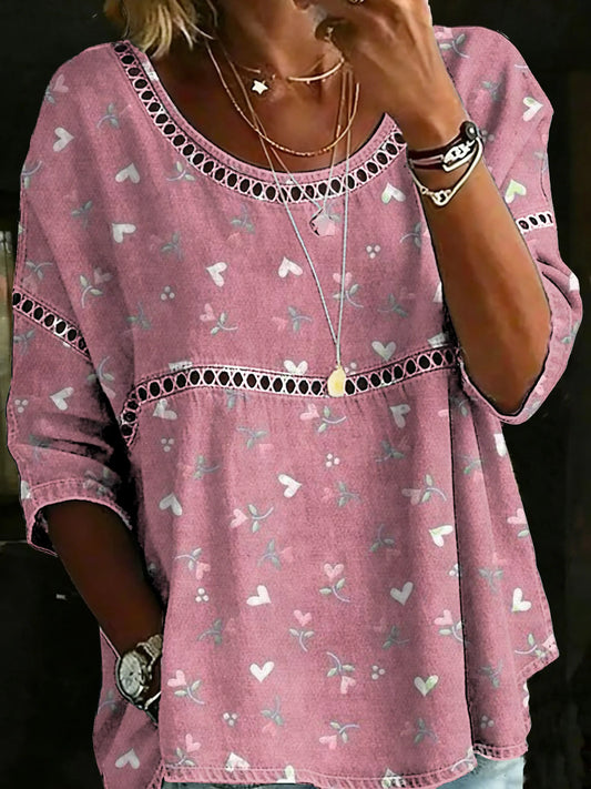 Vintage Pink Floral Casual Loose Denim Blouse Shirt