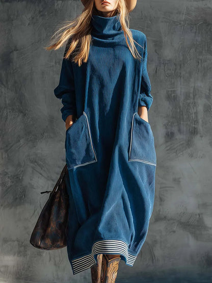 Solid Color High Neck Long-Sleeve Casual Loose Pocket Dress