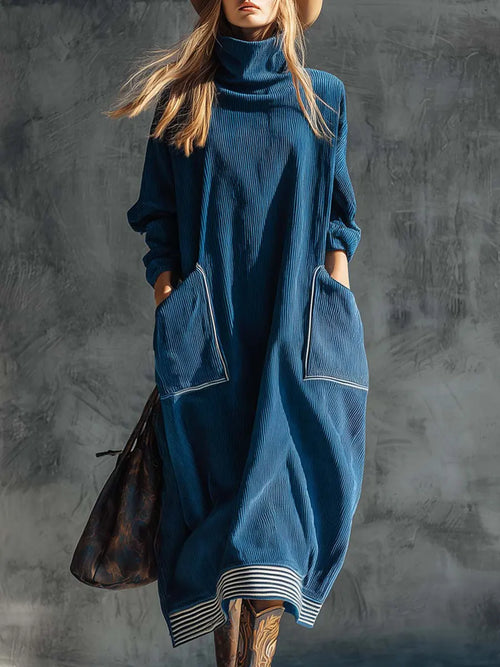 Solid Color High Neck Long-Sleeve Casual Loose Pocket Dress