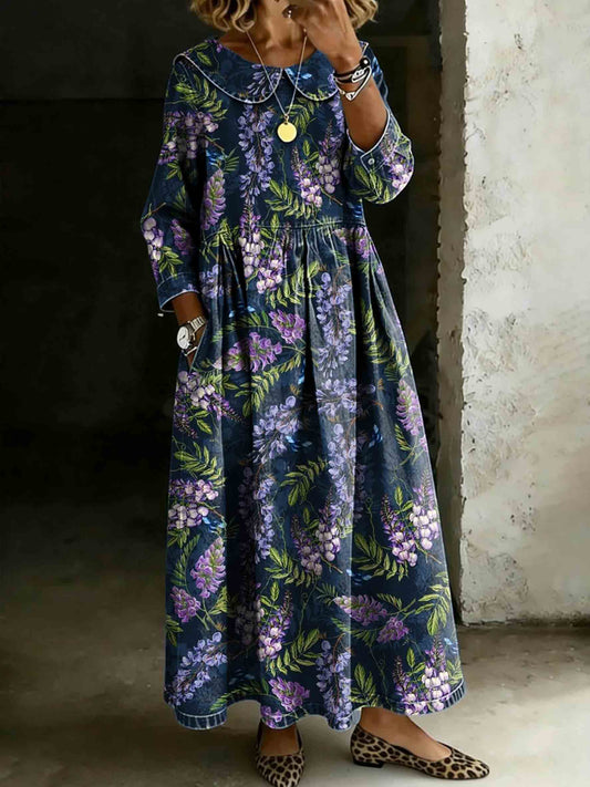 Vintage Lavender Floral Print Lapel Collar Pleated Long-Sleeve Casual Loose Denim Dress