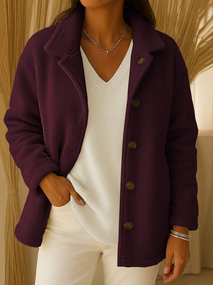 Solid Color Lapel Long-Sleeve Polar Fleece Cardigan Jacket