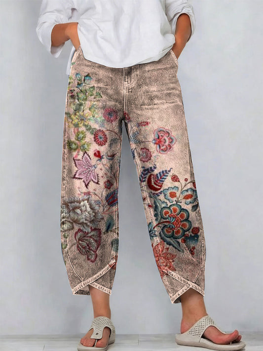 Vintage Flowers Floral Patterns Art Prints Casual Denim Cotton Pants