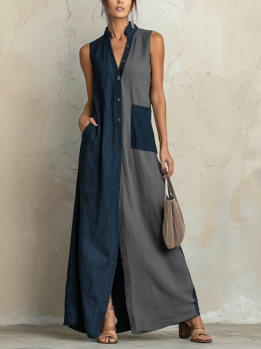 Colorblock Denim Maxi Shirt Dress with Sleeveless Button-Front Casual Maxi Dress