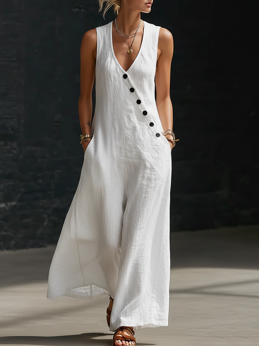Minimalist Cozy V-Neck Button-Up Linen Jumpsuit