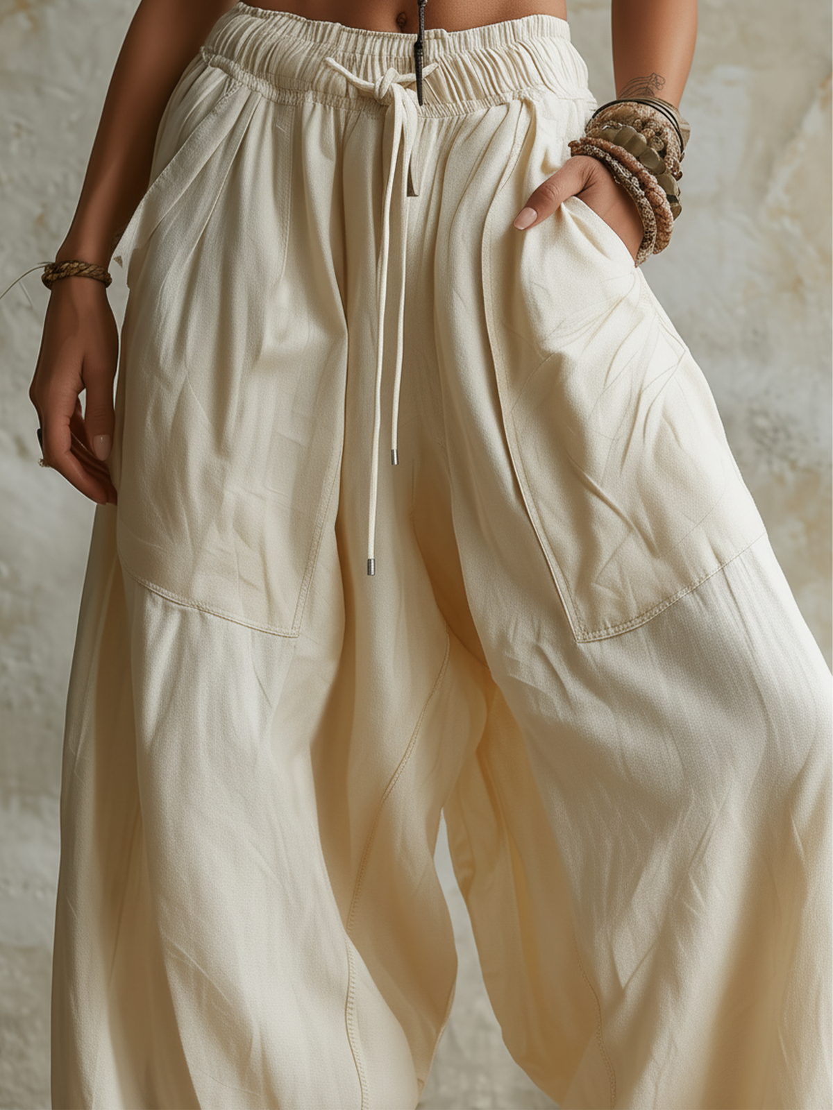 Beige High Waist Drawstring Wide-Leg Baggy Pants