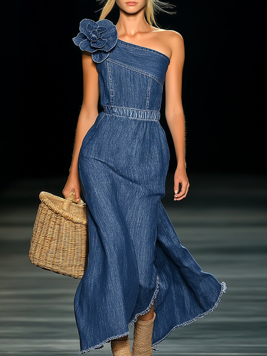 [24-Hour Shipping Out]elegant Strapless Denim 3D Floral Maxi Dress