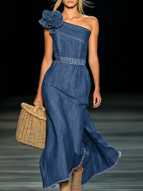 [24-Hour Shipping Out]elegant Strapless Denim 3D Floral Maxi Dress