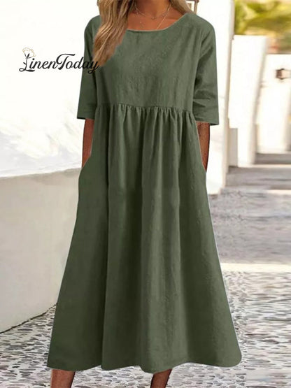 5-Quarter Sleeve Casual Loose Solid Color Cotton and Linen Dress