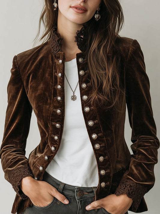 Vintage Turtleneck Lace Panel Double-Breasted Jacket