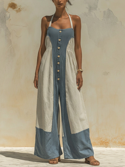 Halter Neck Colorblock Wide-Leg Jumpsuit
