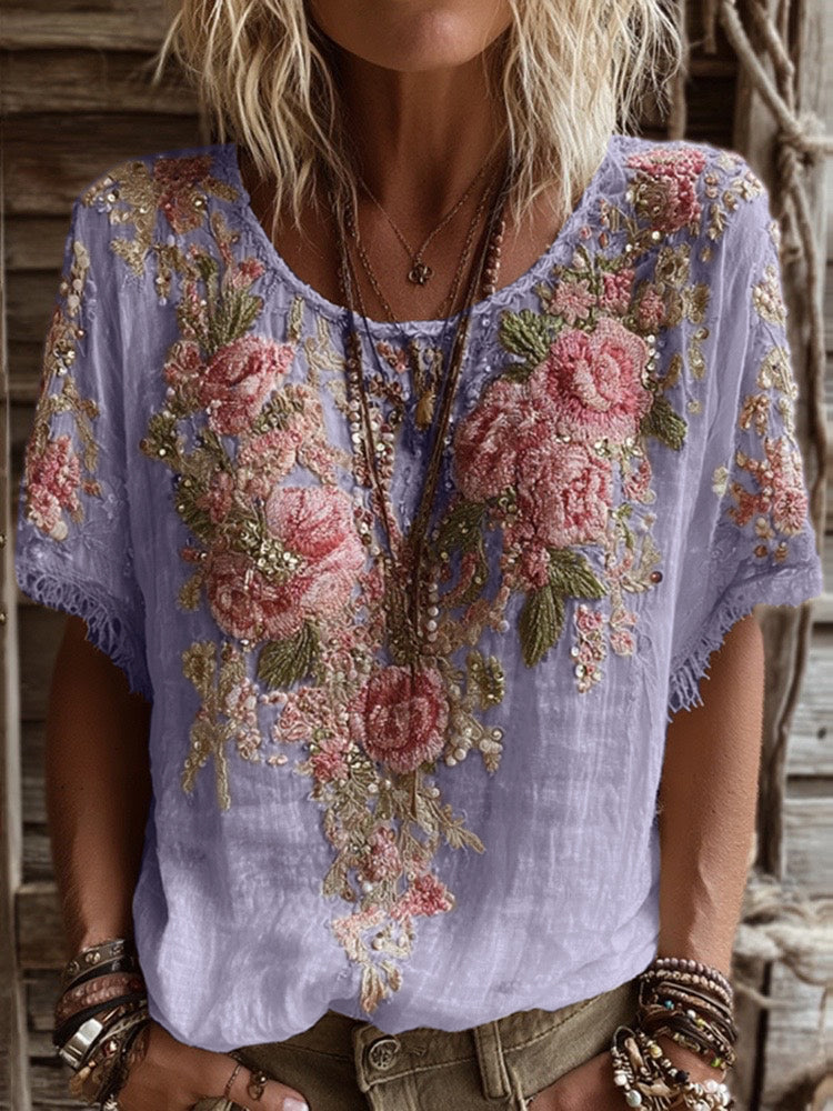 Pink Rose Embroidery Art Round Neck Short-Sleeve Linen Blend T-Shirt
