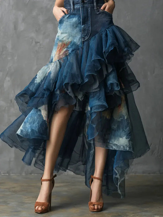 Casual Stylish Art Denim Organza Patchwork Skirt