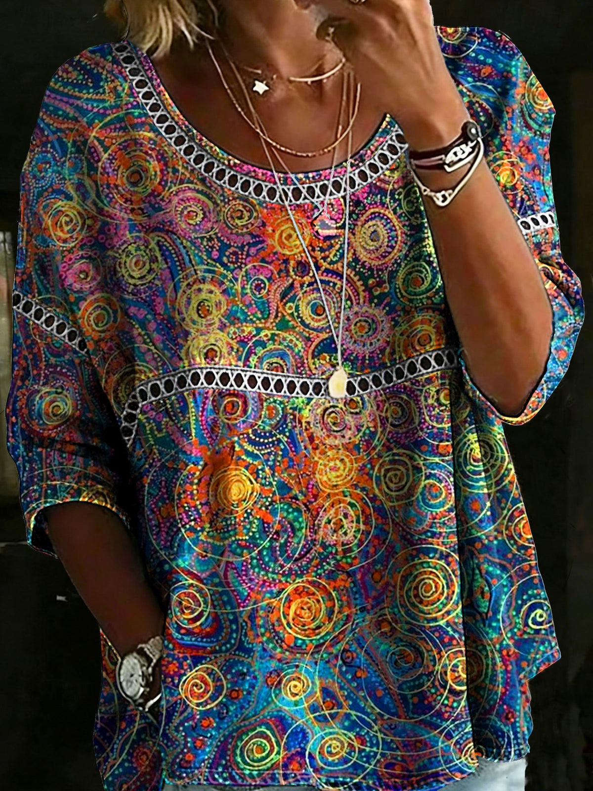 Multcolor Abstrct Circle Casual Loose Denim Blouse Shirt