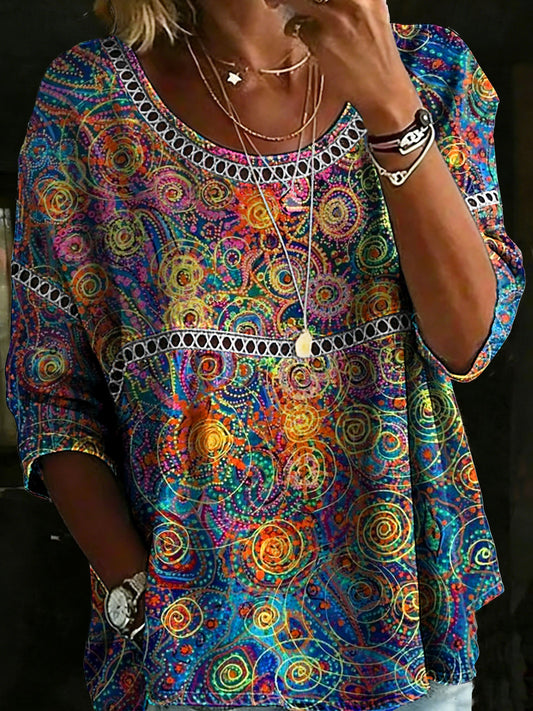 Multcolor Abstrct Circle Casual Loose Denim Blouse Shirt