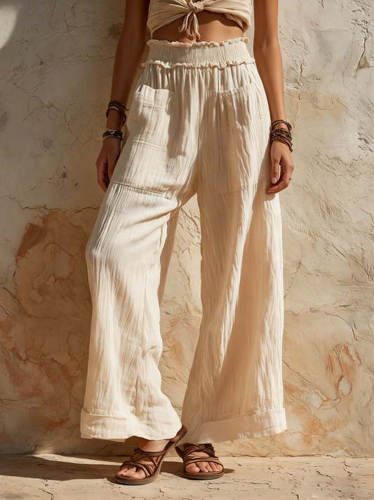 Beige Linen Blend High Waist Wide-Leg Pants