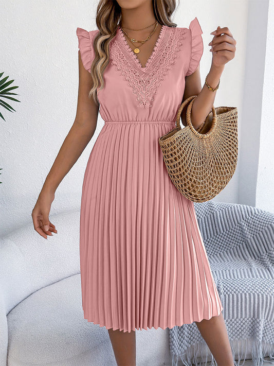 Casual Lace V-Neck Ruffled Pleated Dress
