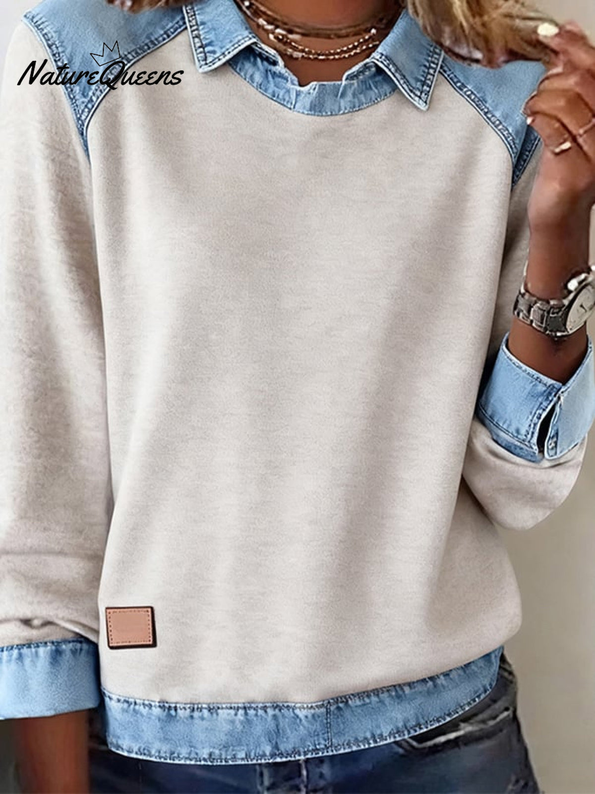 Casual Lapel Denim Stitching Pullover Sweatshirt
