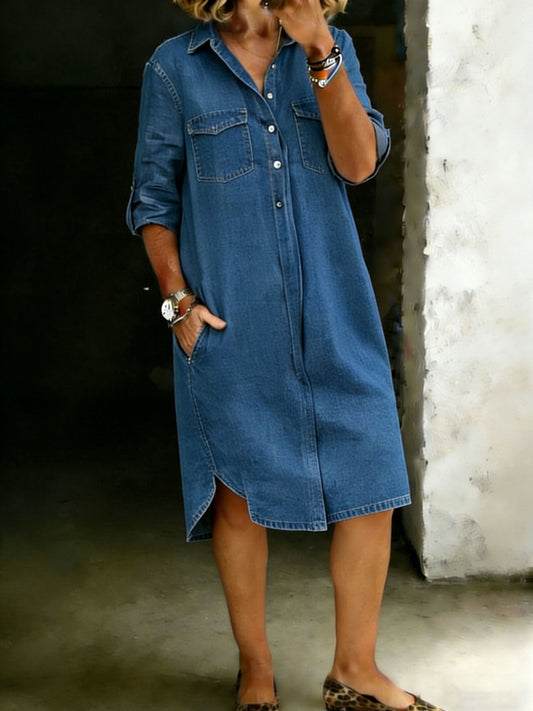 Solid Color Shirt Casual Denim Pocket Shirt Dress