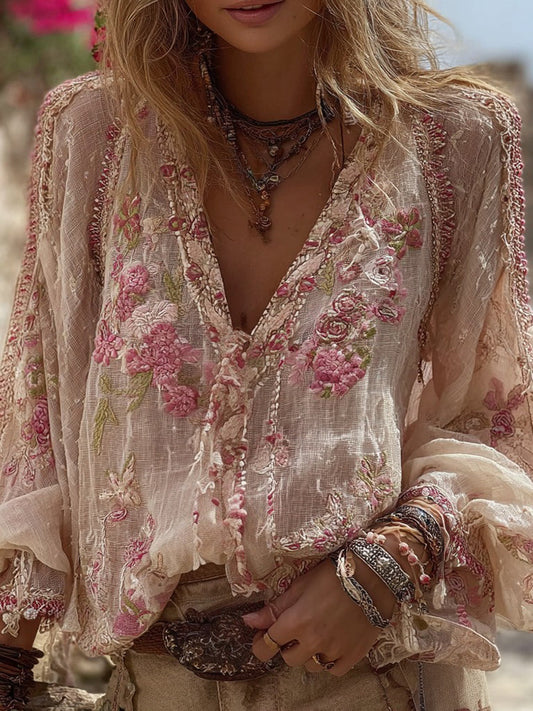 Vintage Floral Pattern Casual V-Neck Shirt