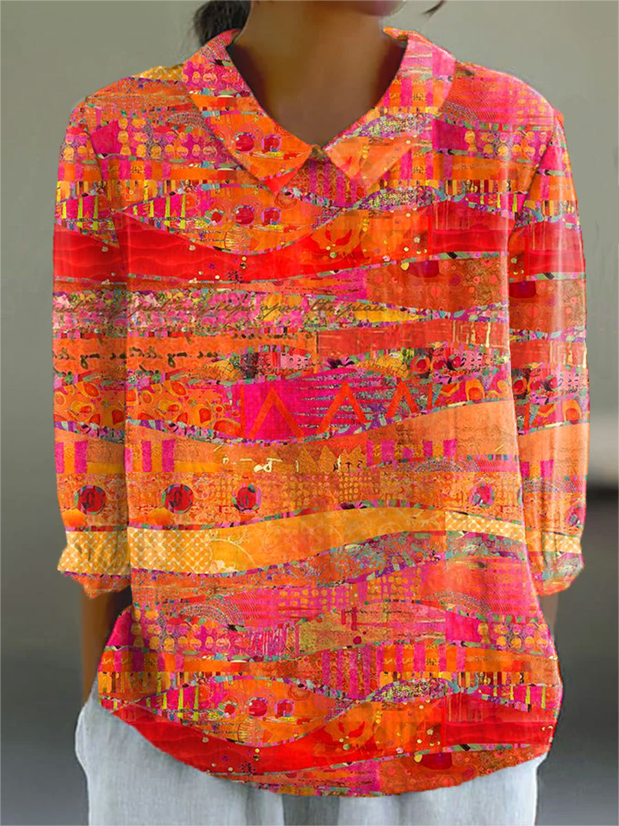 Vintage Art Print Casual Cotton and Linen 3/4-Sleeve Shirt