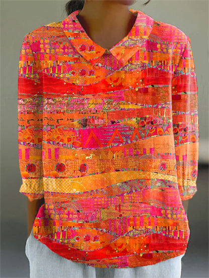 Vintage Art Print Casual Cotton and Linen 3/4-Sleeve Shirt