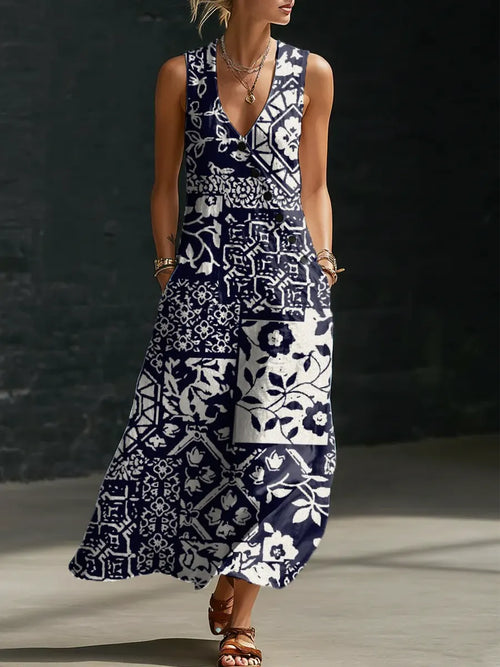 Floral Pattern Art Print Casual Cotton Linen Dress