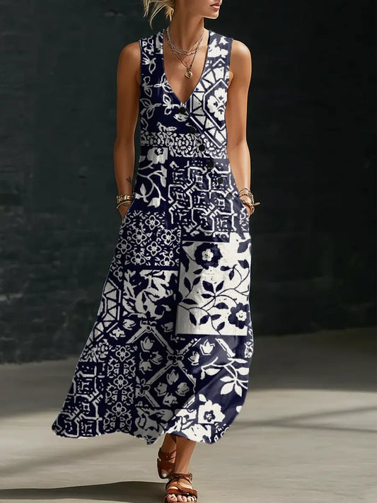 Floral Pattern Art Print Casual Cotton Linen Dress