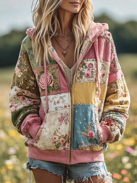 Vintage Floral Patchwork Cozy Warm Zipper Hoodie